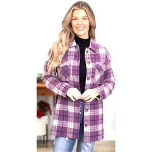 Hem & Thread Purple Plaid Wool Blend Shacket Boho Chic Casual Size Large 1157E2